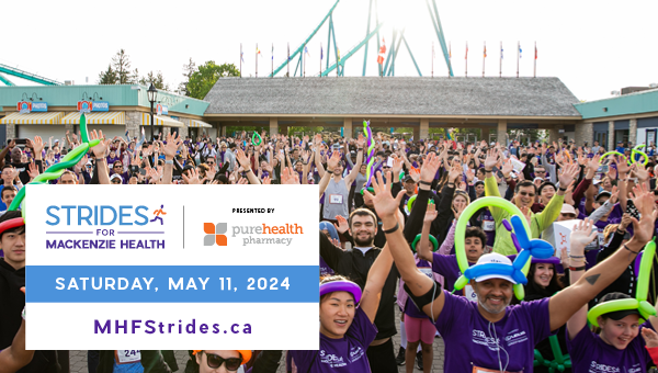 A large group of participants from last year's Strides for Mackenzie Health with their hands up at Canada's Wonderland. A text box on top of the image that reads 
