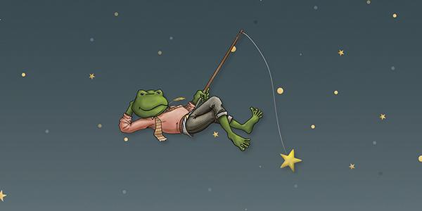 Graphic of a frog against a starry background, holding a fishing rod