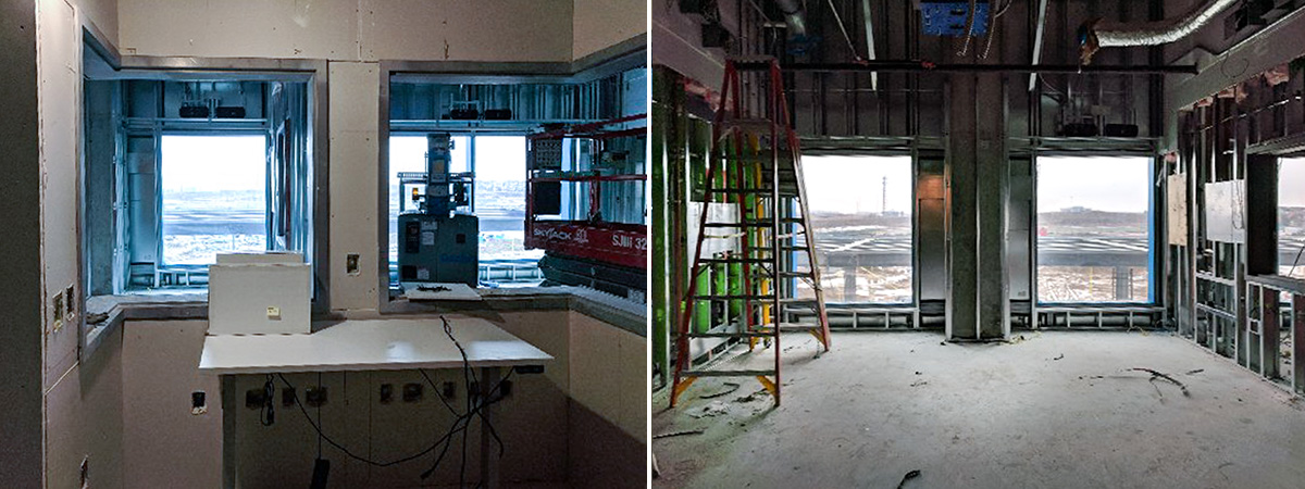 Intensive Care Unit (ICU) charting station (left). ICU with framing ready for drywall to be installed (right).