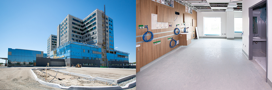 Side by side photo of the outside of MVH and a labour and delivery room