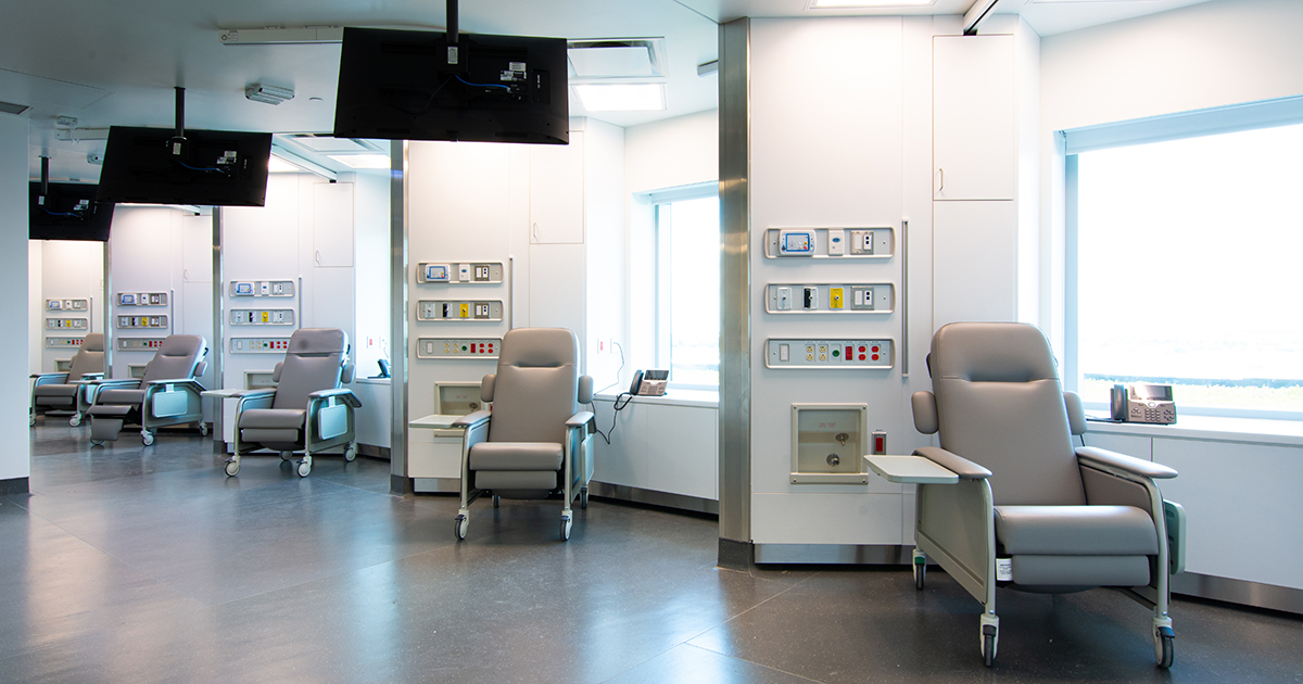 Dialysis room with treatment chairs at Cortellucci Vaughan Hospital