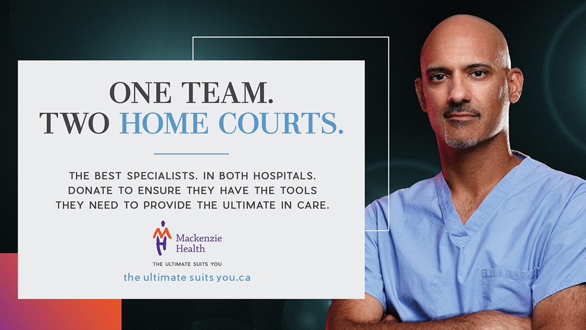 the ultimate suits you campaign banner, with a caregiver looking at the screen. Words: One team, two home courts