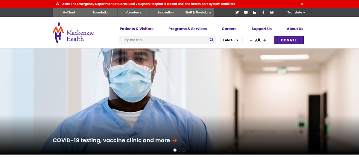 Screen capture of the top of the new website, with a masked caregiver on the main banner