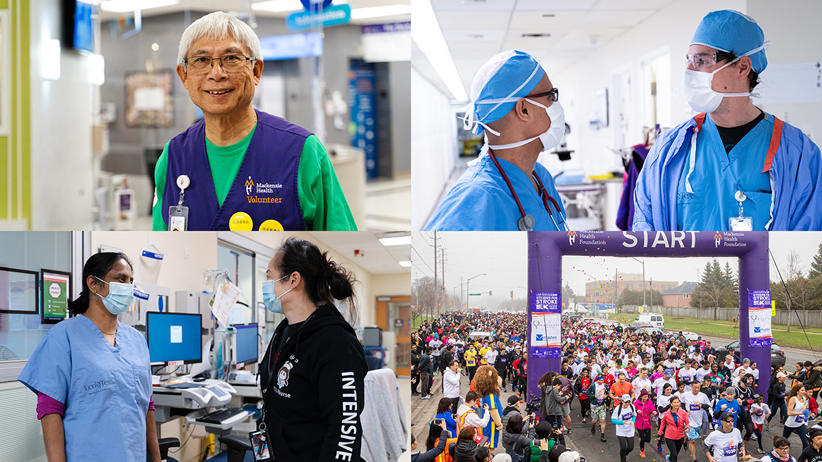 Collage of 4 photos with a volunteer, strides event crowds, 2 masked physicians speaking to each other and two masked nurses speaking to each other