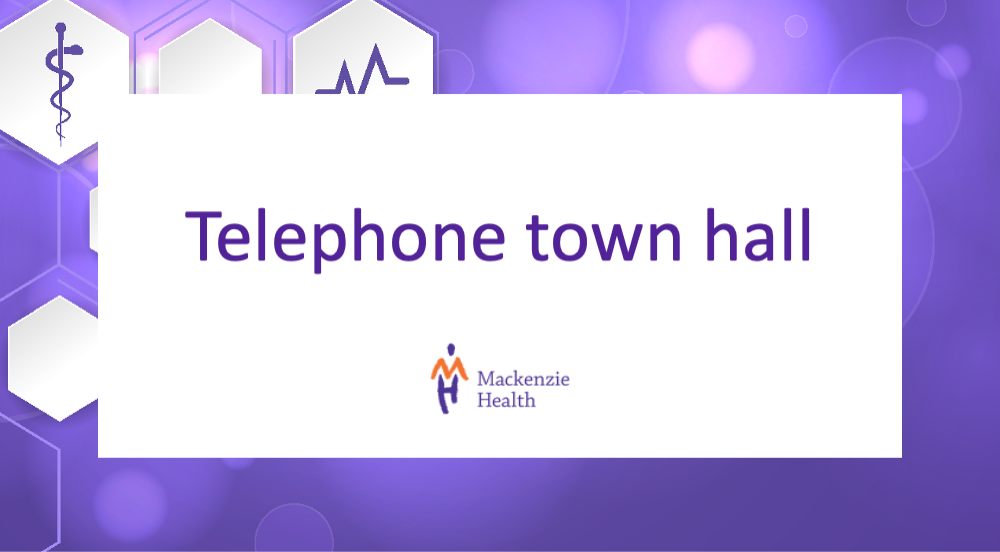 Townhall ad with title, Mackenzie Health logo and on a purple background with medical symbols