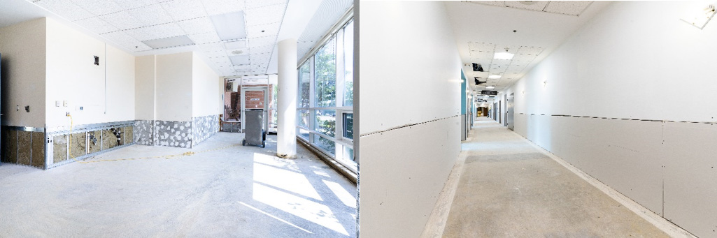 Two pictures of hallways under construction at Mackenzie Richmond Hill Hospital