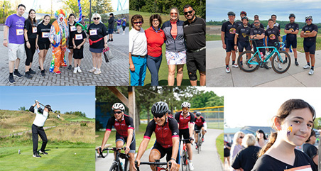 Collage of pictures from the Strides, Ride and Tee Off events. Cyclists, golfer, smiling people and young girl.