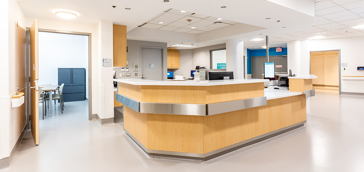 The newly-refreshed nursing station in the A-wing at Mackenzie Richmond Hill Hospital where staff and families can connect in a brighter and more functional space.