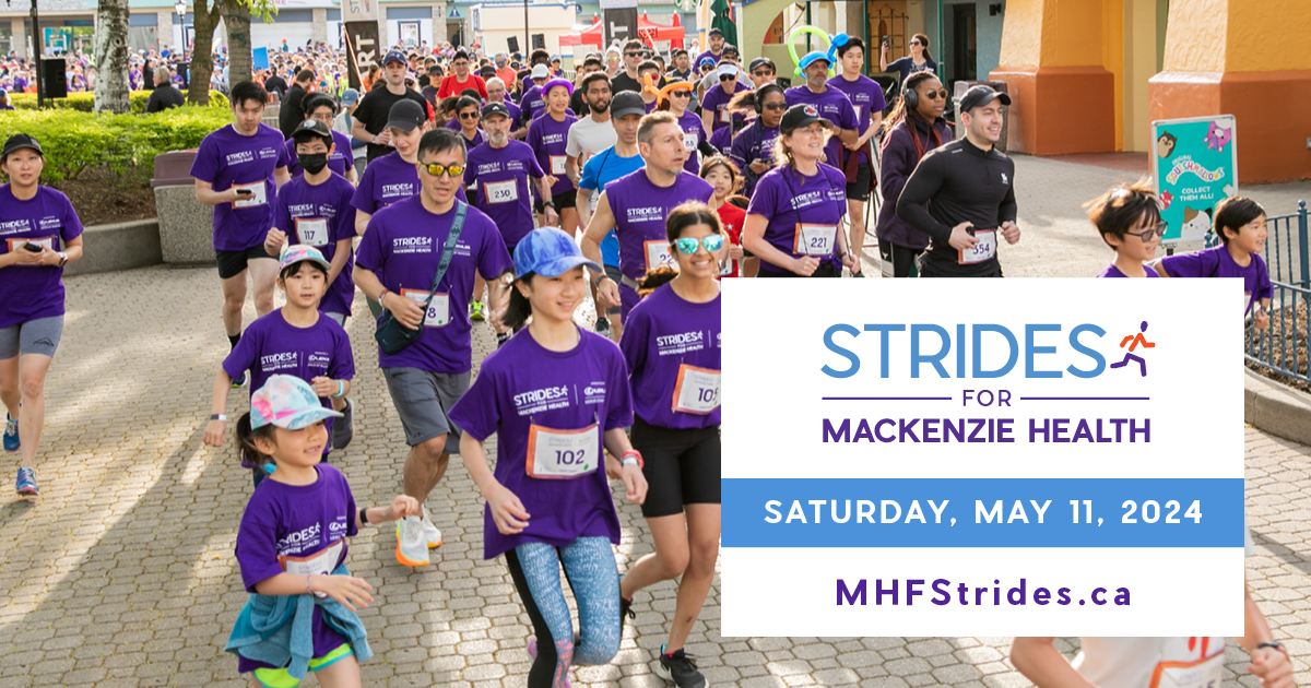 A group of runners all wearing Strides for Mackenzie Health t-shirts with a text box that reads "Strides for Mackenzie Health" Saturday, May 11, 2024 MHFStrides.ca