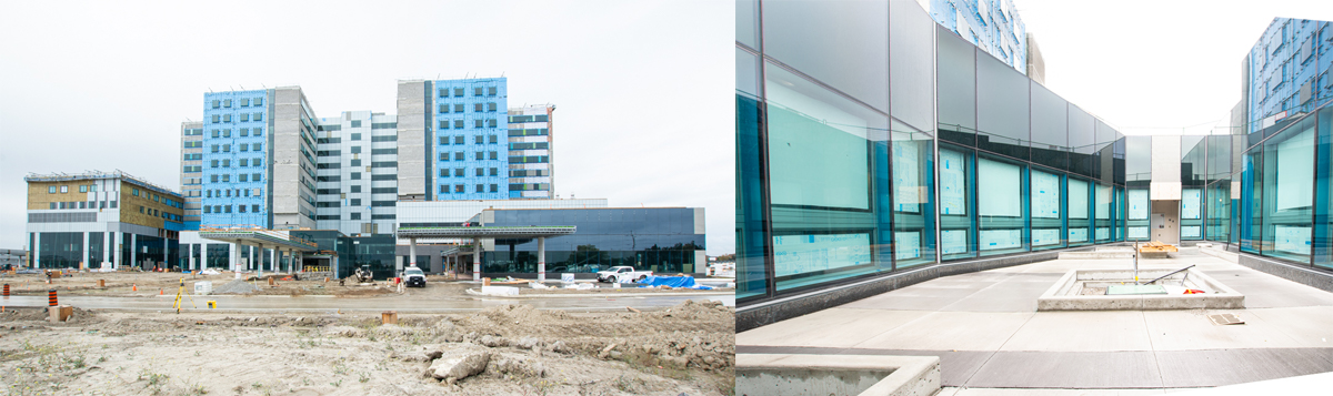 Side by side pictures of new hospital and Mental Health courtyard