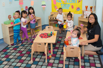 Group of children in a childcare room with a teacher