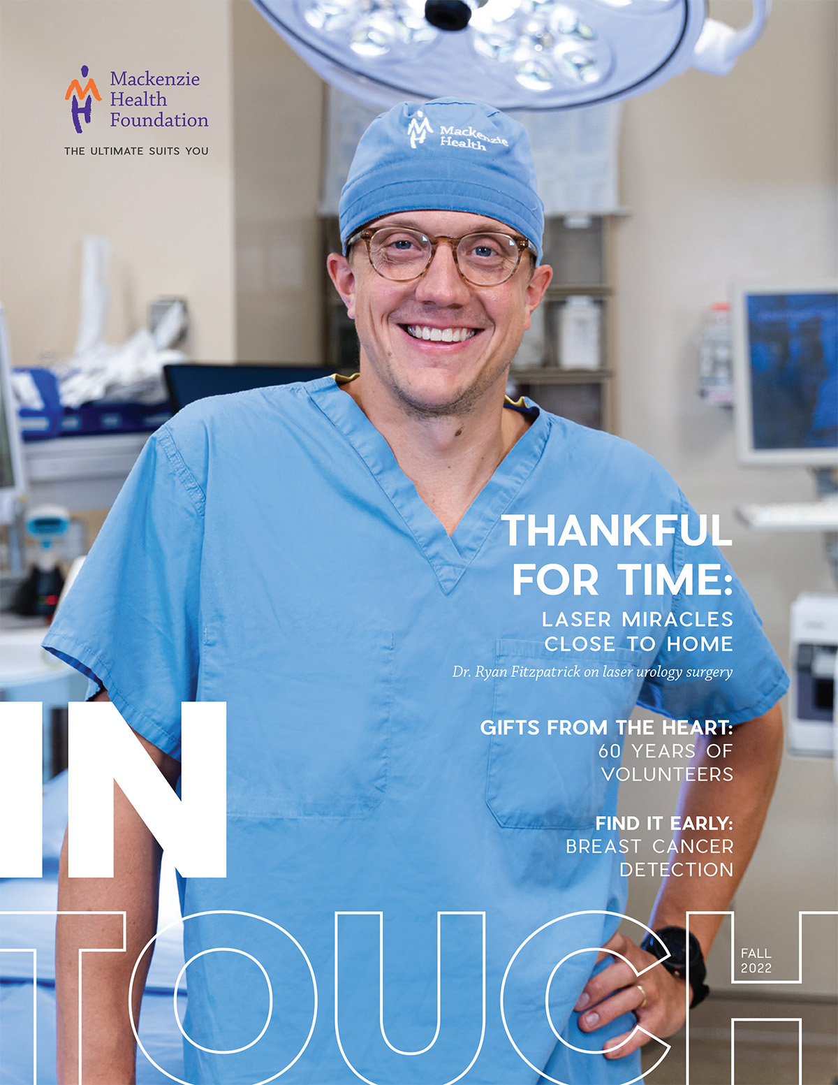 Magazine front cover with picture smiling physician in an operating suite